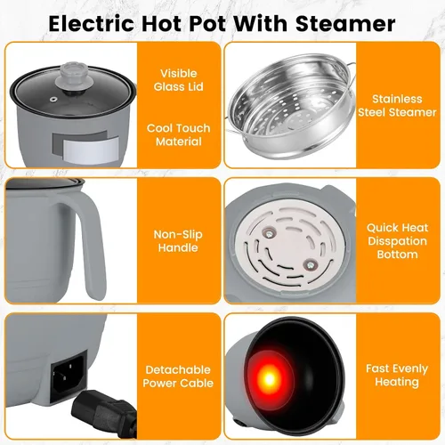 Vista 6 de Olla eléctrica caliente con vaporizador, cocina rápida de ramen, mini olla eléctrica de autocalentamiento portátil de 1.8L para cocinar fideos, Gris