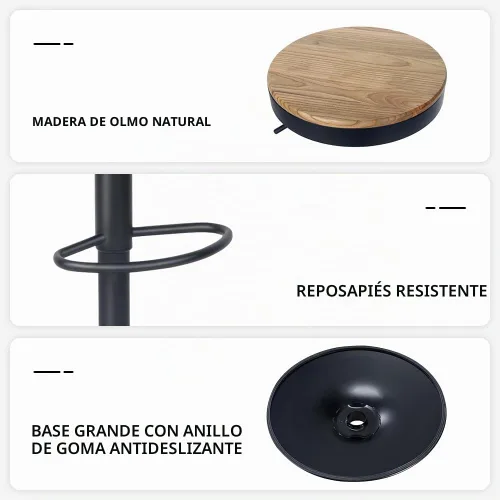 Vista 6 de Kidol & Shellder - Juego de 2 taburetes de bar ajustables giratorios sin espalda, modernos y redondos de madera, sillas de barra de altura sin