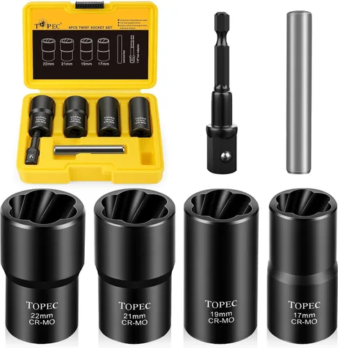 Vista 8 de Topec 6 herramientas de extracción de tuercas de llanta, kit de extracción de bloqueo de rueda motriz de 1/2 pulgada, removedor de tuercas peladas