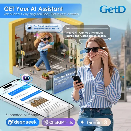 Vista 3 de GetD Gafas AI, gafas inteligentes impulsadas por ChatGPT, traducción de IA Lente fotocromática negra + gris