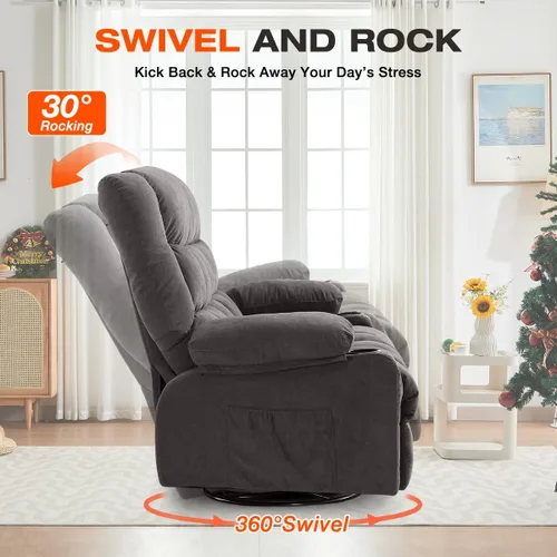 Vista 5 de Silla reclinable giratoria para adultos, reclinable de gran tamaño con masaje por vibración y calor lumbar, mecedora ergonómica con bolsillo