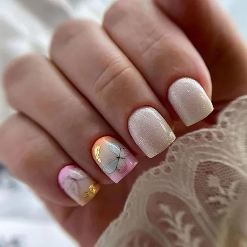 Vista 18 de Uñas postizas a presión de otoño, uñas postizas cortas cuadradas de MABKJLF de cobertura completa con diseños de diente de león, uñas adhesivas