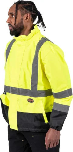 Vista 9 de Pioneer Hi Vis - Chaqueta impermeable de seguridad 2 en 1 para hombres y mujeres, se invierte a un acolchado negro, equipo impermeable reflectante