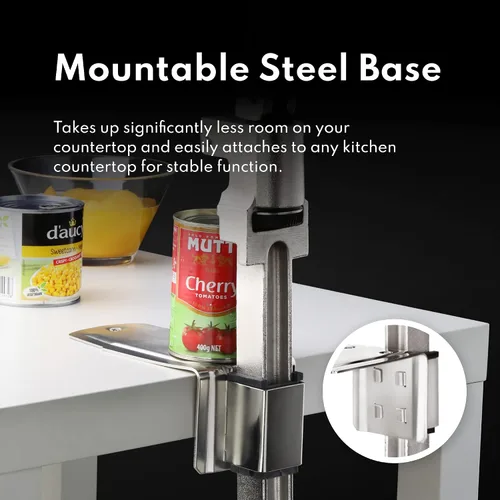 Vista 7 de New Star Foodservice 7006841 Abrelatas de mesa manual con base de acero plateado para latas de hasta 11" de alto