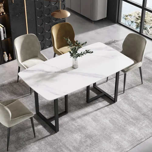 Vista 10 de Mesa de comedor moderna, mesa de comedor de piedra sinterizada blanca antigua con patas de mesa de acero al carbono negro, mesa de comedor Blanco