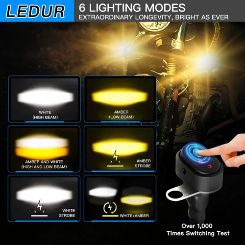 Vista 2 de LEDUR Kit de Luces Auxiliares para Motocicleta Luces LED Estroboscópicas de Conducción Antiniebla Blancas y Ámbar 6 Modos Luces Puntuales