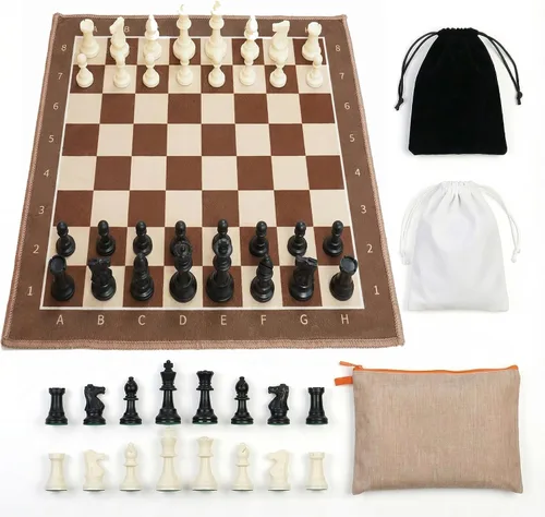 Vista 3 de Juego de ajedrez portátil marrón y blanco, alfombra de ajedrez de tela plegable de 19.7 x 19.7 pulgadas con piezas estilo Staunton de 3 pulgadas