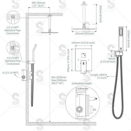 Vista 8 de SR SUN RISE Sistema de Ducha Montado en el Techo de 10 Pulgadas Conjunto Combinado de Ducha Mezcladora de Lluvia Sistema de Cabezal de Ducha Tipo