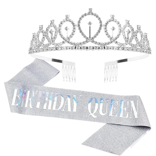 Vista 11 de CAVETEE - Juego de corona y banda de reina de cumpleaños para mujer, banda y tiara de diamantes de imitación, decoraciones de cumpleaños negras Negro