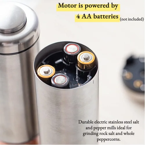 Vista 4 de Juego de molinillo eléctrico de sal y pimienta con soporte de bandeja, condimento automático de molino de pimienta con grosor de molienda ajustable