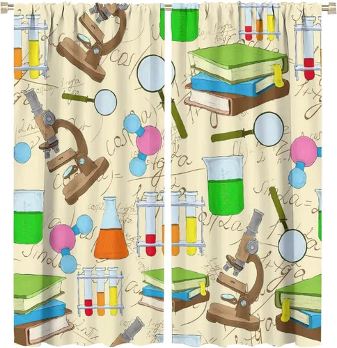 Vista 85 de Cortinas opacas para ventanas de ciencia para niños, lupa de libro de laboratorio de ciencia, lupa, frascos moleculares, cortinas impresas