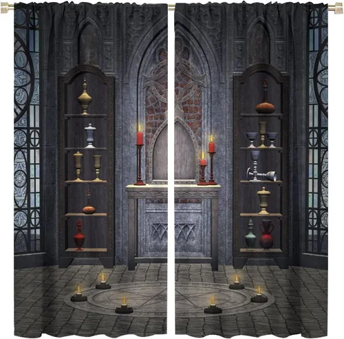 Vista 14 de Cortinas góticas con diseño de luna de Halloween, historia, puerta espeluznante, fondo de terror, vela, ficción, patrón de impresión, sala de estar