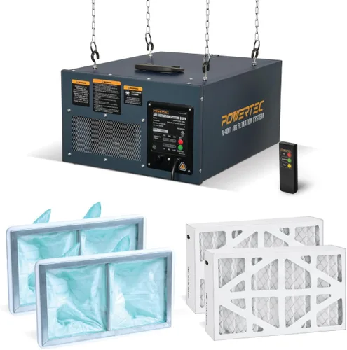 Vista 7 de POWERTEC Sistema de filtración de aire controlado a distancia de 3 velocidades para carpintería (300/350/400 CFM), filtro de aire colgante