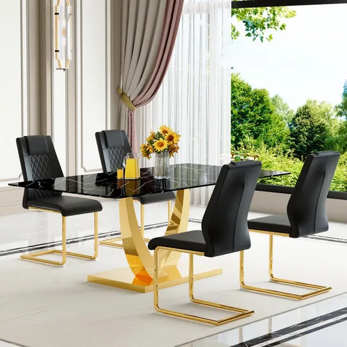 Vista 7 de Juego de mesa de comedor negra para 4, 63 x 35.4 x 30 pulgadas, mesa de comedor moderna rectangular con patas y base de acero inoxidable, sillas