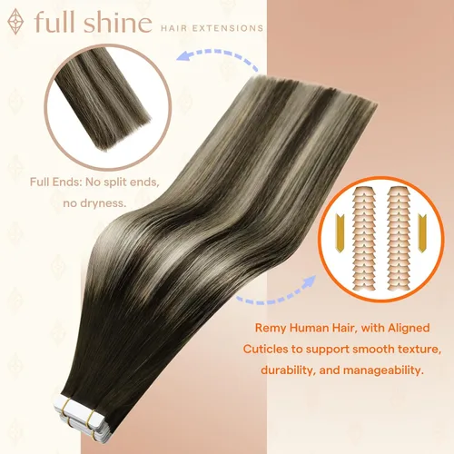Vista 16 de Full Shine - Extensiones de cabello humano con cinta, mezcla de rubio hongo # 8 castaño ceniza resaltado 60 rubio ceniza