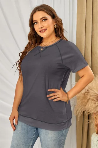 Vista 14 de Eytino Blusas de talla grande para mujer, cuello en V, manga corta, a rayas, casual, holgada, con bolsillo (1X-5X)
