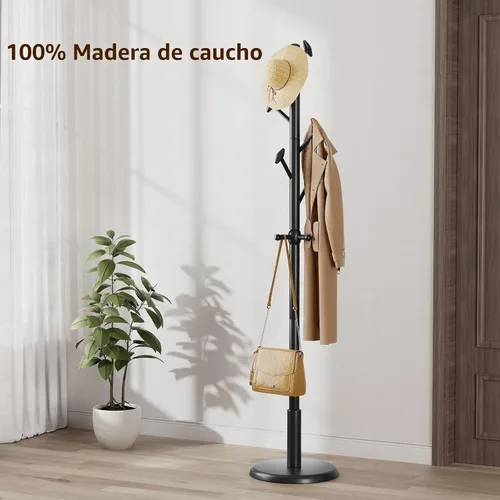 Vista 6 de Taitiy Perchero de madera maciza independiente con 10 ganchos para dormitorio, sala de estar, entrada, soporte resistente para sombreros, abrigos