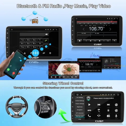Vista 5 de CUSP Radio estéreo de coche doble DIN Android de 10.1 pulgadas con CarPlay inalámbrico y Android Auto, pantalla táctil QLED giratoria de 360°