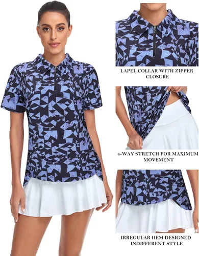 Vista 4 de Tanst Sky Polo de golf para mujer, manga corta, con cremallera de un cuarto, absorbe la humedad