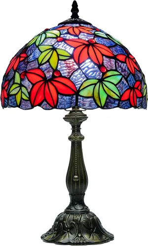Vista 16 de Tiffany Style Stained Glass Table Lamp, Floral Pattern Desk Light with Antique Bronze Resin Base, Red Roses Decorative Lighting for Bedroom, Living