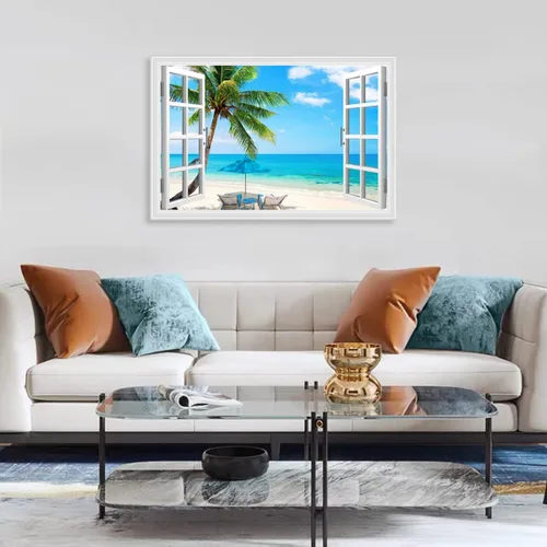 Vista 2 de Woxfcart Arte de pared de palmera de playa, imagen de escena del océano con impresiones de ventana para decoración de sala de estar azul y verde
