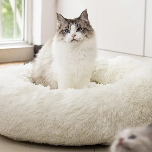 Vista 9 de Cama redonda antiansiedad de felpa sintética esponjosa cálida y lavable para perros y gatos, cama original para mascotas pequeñas, medianas