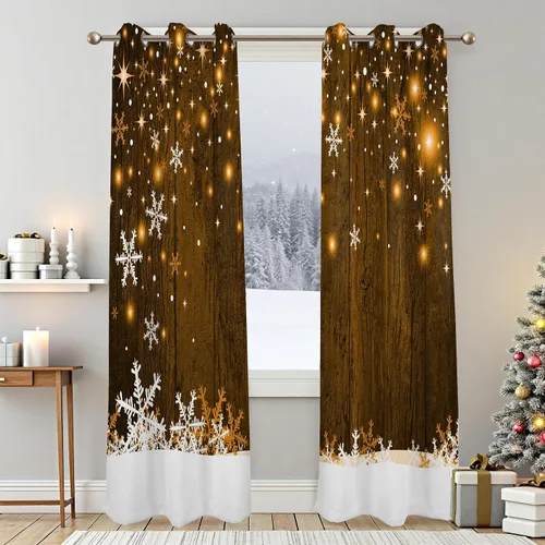 Vista 4 de Renaiss Cortinas opacas de Navidad con tablones de madera rústica para dormitorio, con ojales, estampado de copos de nieve navideños, cortinas