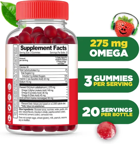 Vista 2 de Lifeable Gomitas Omega 3 para niños con suplemento vegano de DHA Alternativa al aceite de pescado Omega 3 para niños del aceite de linaza a base