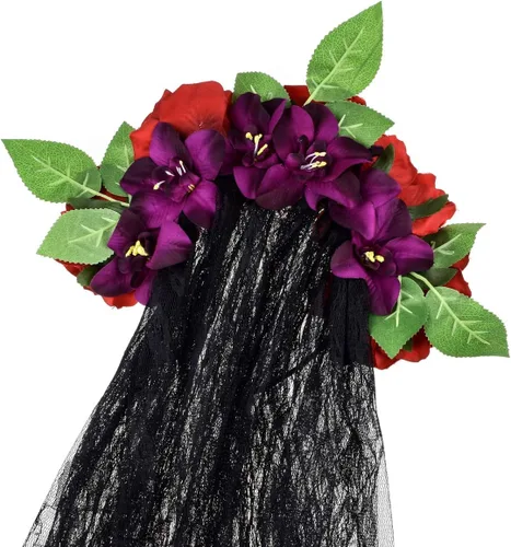 Vista 5 de June Bloomy - Diadema mexicana de día de muertos, disfraz de Halloween, velo con corona de rosas