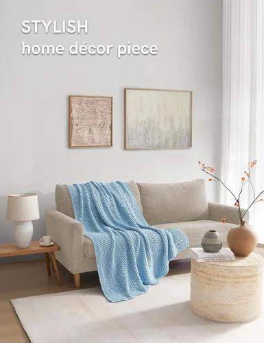 Vista 2 de YnM Manta de Punto Grueso de Algodón, Mantas de Punto Trenzado para Cama, Sofá, Sillón, Cómoda y Relajante, Pieza Decorativa para Casa de Campo Azul