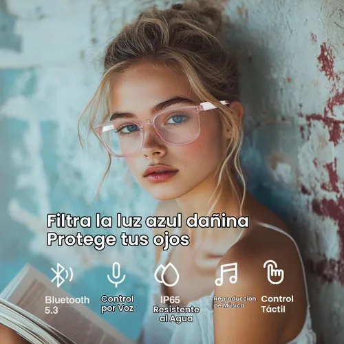 Vista 5 de Lentes de luz Bluetooth anti-azul, lentes inteligentes con Bluetooth para mujer, control de voz, estilo de oreja abierta, escucha música y llamadas