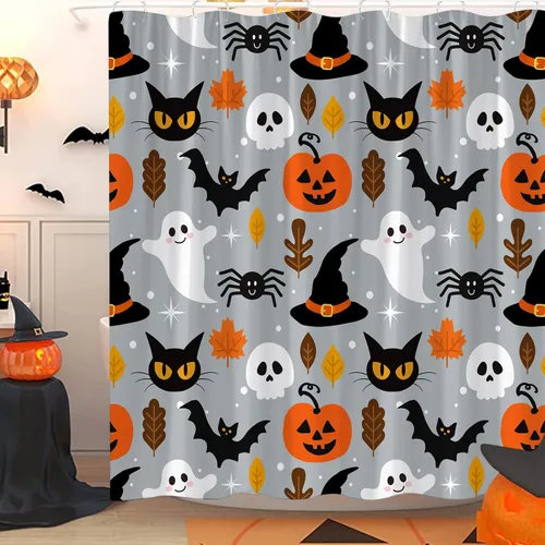 Vista 9 de Cortina de ducha azul de Halloween, linda cortina de baño de fantasma, terror, calabaza, espeluznante, gato negro, calavera aterradora, murciélago