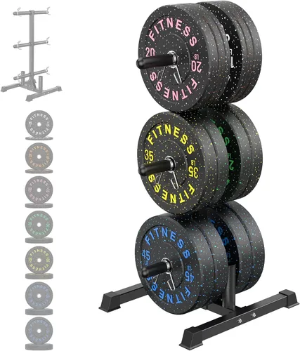 Vista 17 de Olympic Barbell Set, 2-Inch Bumper Plates with Weight Plate Rack Colored Crumb Rubber Weight Plates for Weight Lifting & Strength Training, 90–530