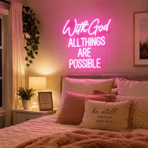 Vista 7 de Letrero de neón con texto en inglés "With God All Things Are Possible" para decoración de pared, letrero de neón LED rosa, luz de neón regulable