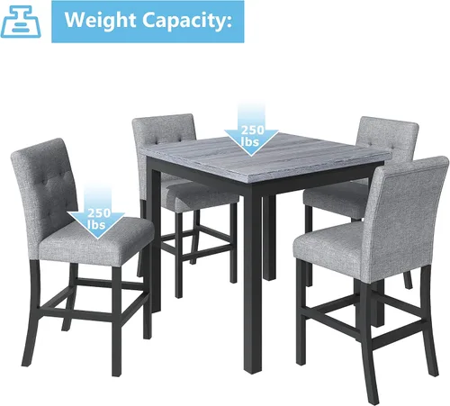 Vista 6 de Elegante juego de mesa de comedor, juego de comedor cuadrado de 5 piezas con altura de mostrador con 4 sillas tapizadas de respaldo alto, diseño