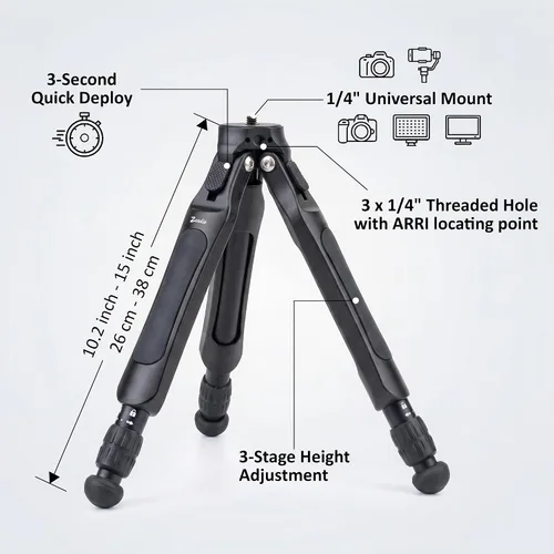 Vista 2 de Zeadio Trípode de cámara ajustable, trípode portátil de viaje de aluminio de mesa, altura ajustable de 3 etapas, capacidad de carga de 11.0 lbs