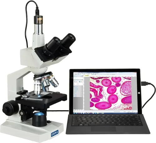Vista 5 de OMAX 40X-2500X microscopio LED trinocular de laboratorio digital, con cámara digital USB y nivel mecánico de doble capa