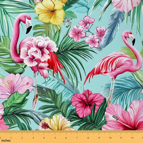 Vista 10 de Feelyou The Yard, tela de flamenco de tela para tapicería de palmeras tropicales para sillas, sofá, acuarela exótica selva botánica, franela suave