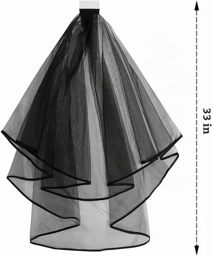 Vista 2 de Korty Wedding Veil,2/3 Tier Ribbon Edge Center Cascade Bridal Veil with Comb for Bachelorette Party Negro (Black - 2 Tier)