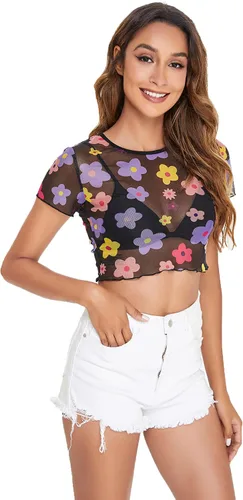 Vista 6 de Sweatyrocks - Blusa de manga corta de tela de malla transparente para mujer Mármol