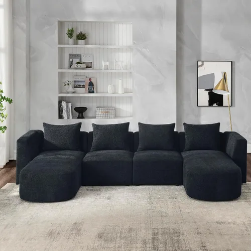 Vista 41 de Quarte Sofá seccional en forma de U, sofá modular con dos asientos individuales, dos sillas, combinación de bricolaje, tela de hilo en bucle Beige/5