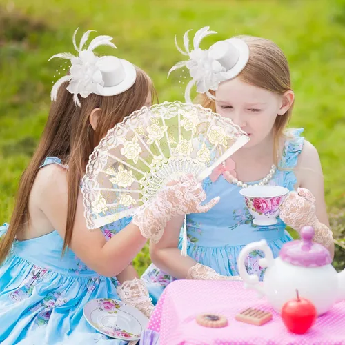 Vista 5 de Sintege 4 piezas de suministros de fiesta de té para niñas, guantes de fiesta de té, sombreros para niñas y niños, collar de fiesta de té