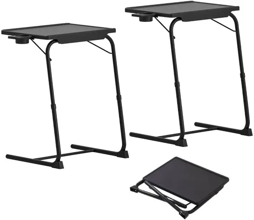 Vista 9 de Japard Mesa plegable para TV, mesita de noche pequeña con soporte para tazas, ajustable de 6 alturas y 3 ángulos de inclinación (negro, 2 piezas)