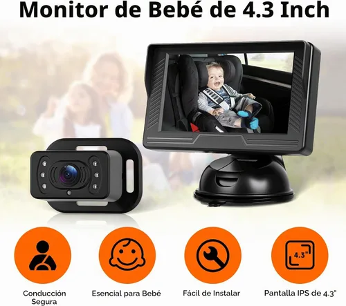 Vista 2 de VECHTEL Cámara de coche para bebé HD con orientación trasera para bebé con monitor de 4.3 pulgadas, visión nocturna IR, gran angular, fácil