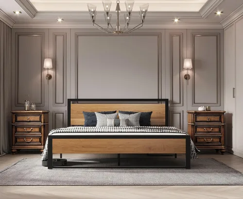 Vista 4 de BONSOIR Marco de cama tamaño Queen con plataforma de acero estable con cabecero/estribo de madera (tamaño queen)