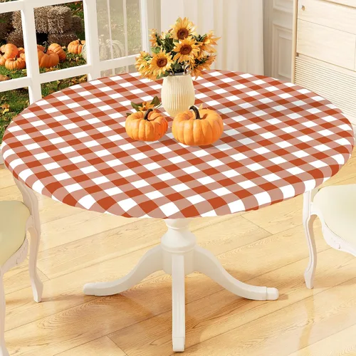 Vista 15 de misaya Mantel redondo ajustable con borde elástico, mantel de vinilo impermeable a cuadros de búfalo con parte trasera de franela para mesas Cuadros