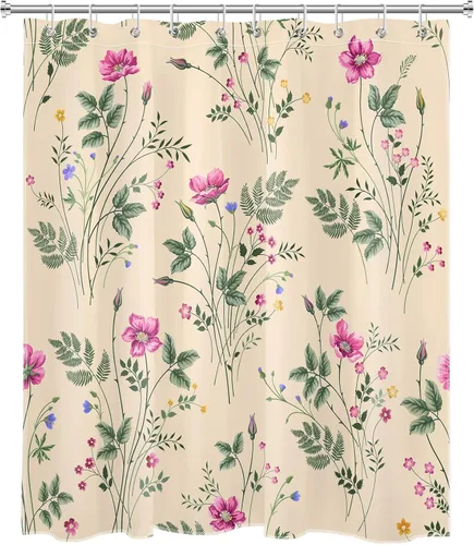 Vista 2 de Cortina de ducha floral rosa para baño, flores silvestres y hojas verdes salvia sobre beige, cortinas de ducha con ganchos, juego de cortinas