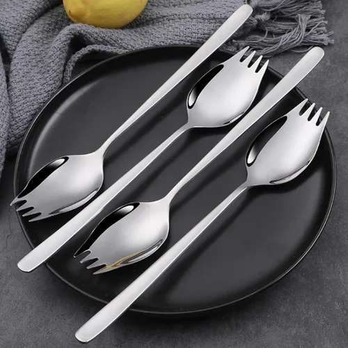 Vista 5 de YFWOOD Sporks, 4 tenedores de acero inoxidable 18/10, tenedores de metal para acampar y uso doméstico, mango largo de 7.4 pulgadas de largo