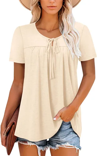 Vista 2 de BETTE BOUTIK Blusas de verano para mujer, plisadas, de manga corta, con cordón, cuello redondo, tallas S-3XL