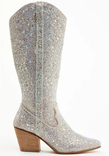 Vista 3 de olomisa Botas de diamantes de imitación para mujer, botas vaqueras altas hasta la rodilla, punta puntiaguda, tacón grueso, botas de vaquera